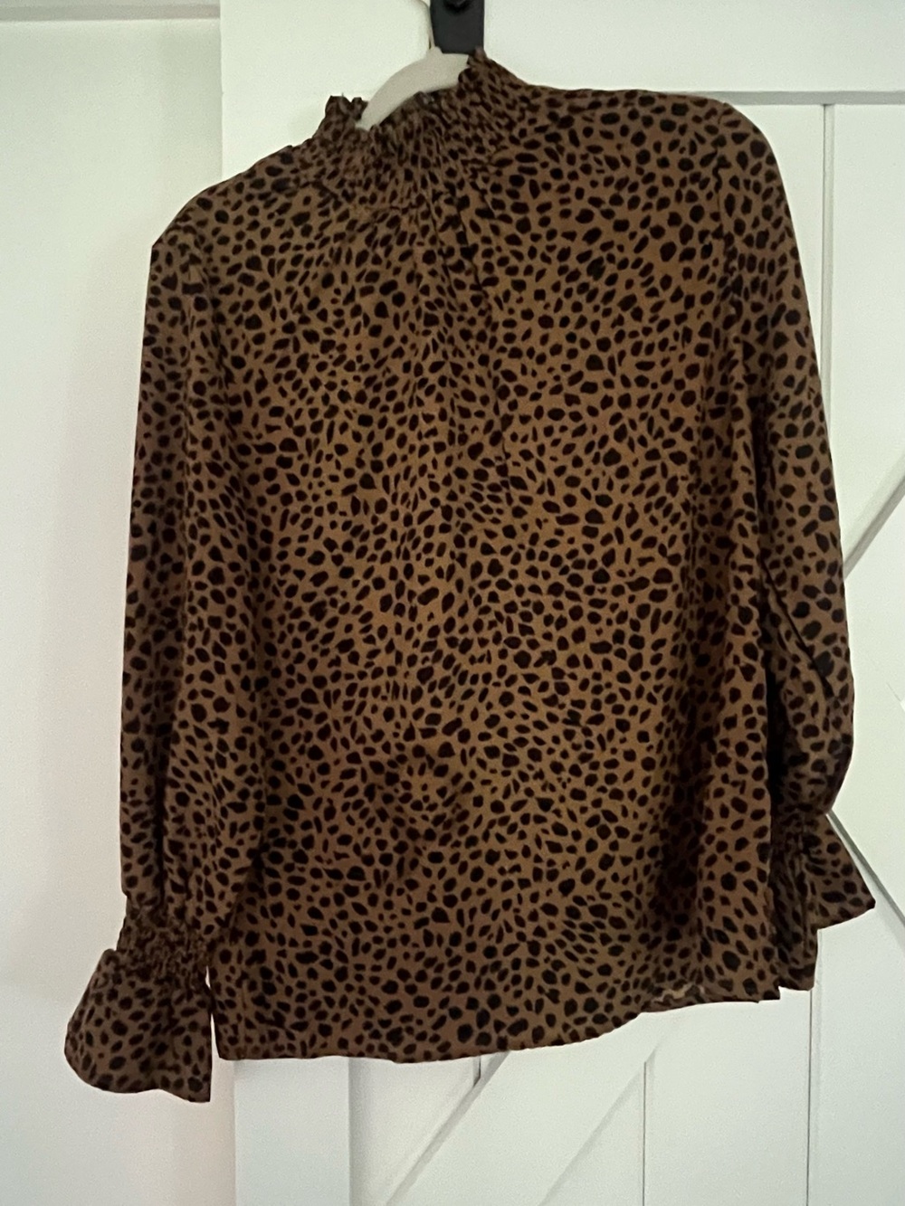 Brown Animal-Print Long Sleeve Blouse with Ruffled Neck